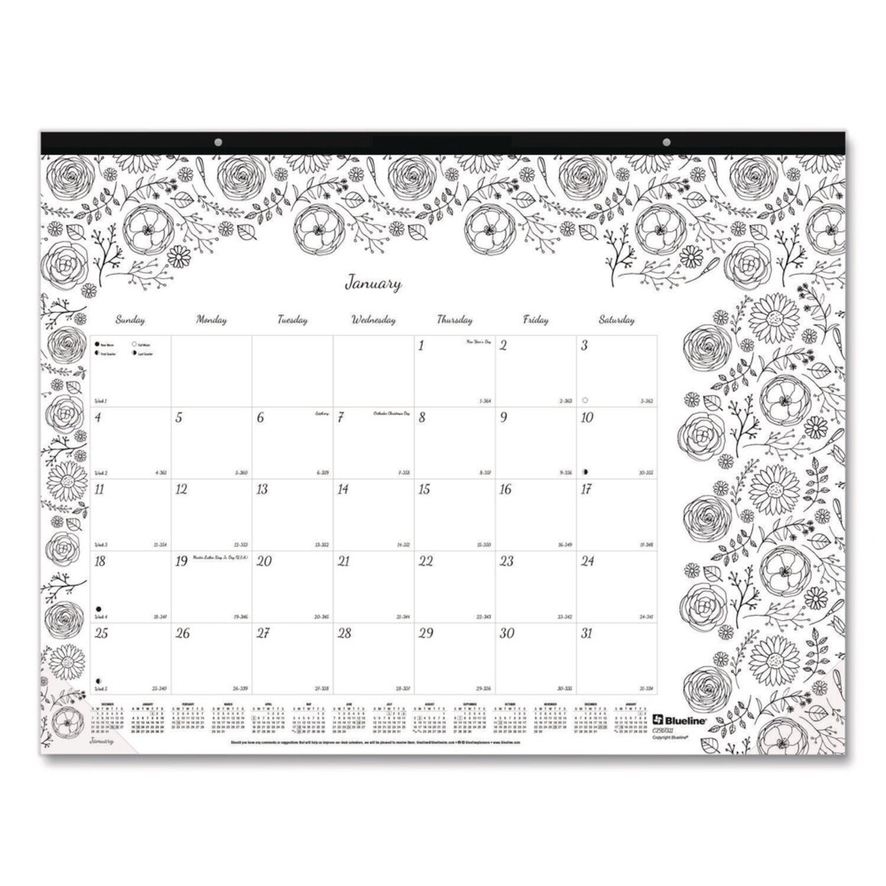 Blueline 12-Month (Jan to Dec): 2026 22 in. x 17 in. Monthly Coloring Artwork Desk Pad Calendar - Black Binding/Clear Corners